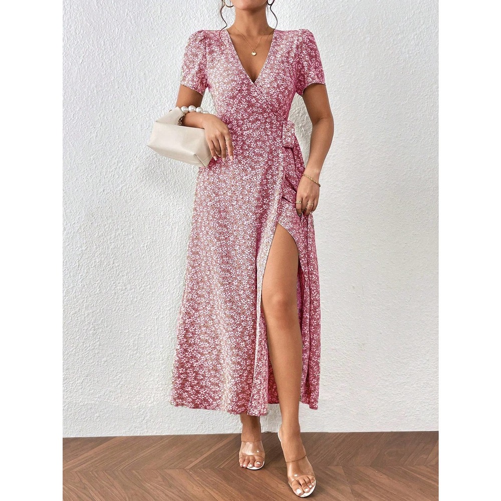 🌟 Frenchy Ditsy Floral Print Knot Side Wrap Dress - Picture 3 of 11